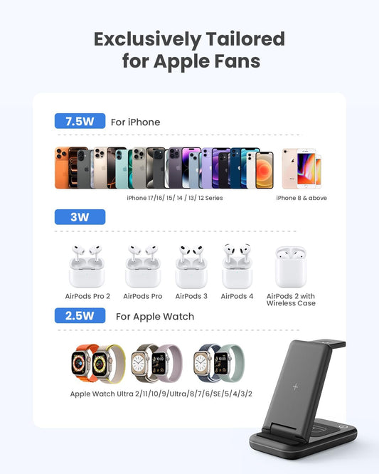 3 in 1 Wireless Charging Station, Foldable Wireless Charger Stand for Multiple Apple Devices for Iphone 17 16-8, Apple Watch Ultra//11/10/9/Se/8/7/6/5, Airpods Pro/4/3/2